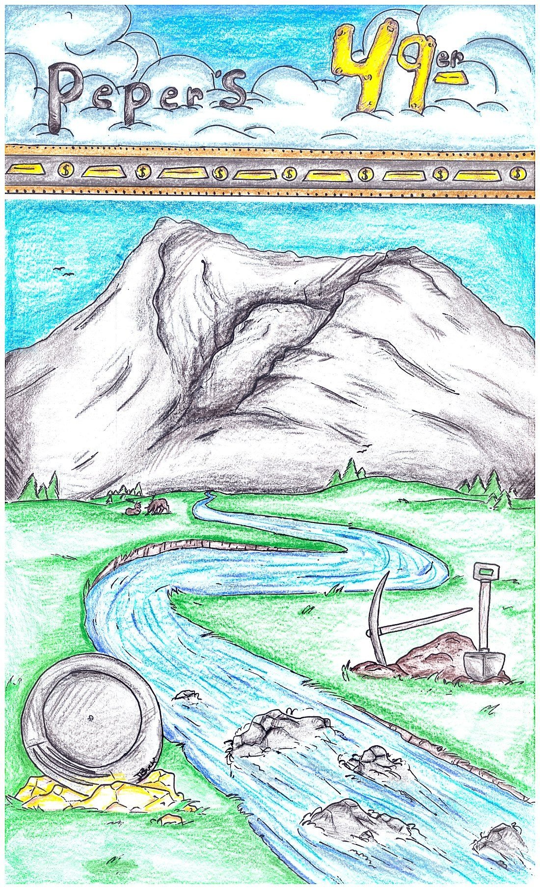 Hand drawn Peper's 49er menu cover art: mountain, river, gold pan and miner's tools