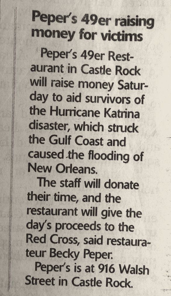 Newspaper clipping: Peper's 49er raising money for survivors