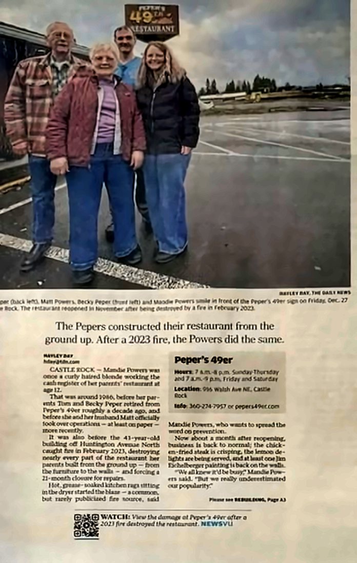 Daily News clipping: The Pepers constructed their restaurant from the ground up. After a 2023 fire, the Powers did the same.