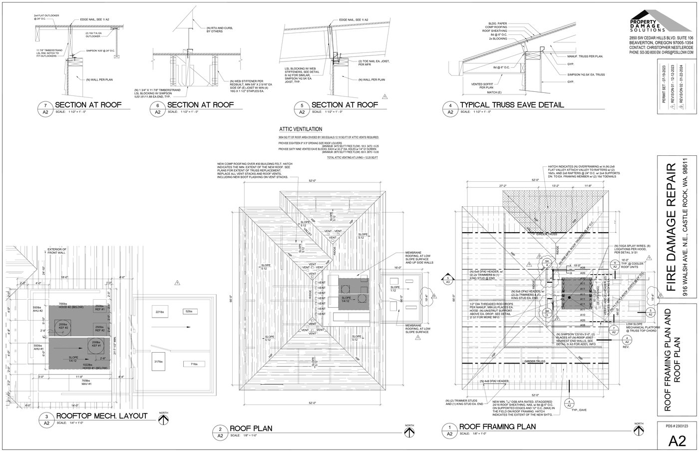 Roof framing plan and roof plan drawing for the fire damage repair