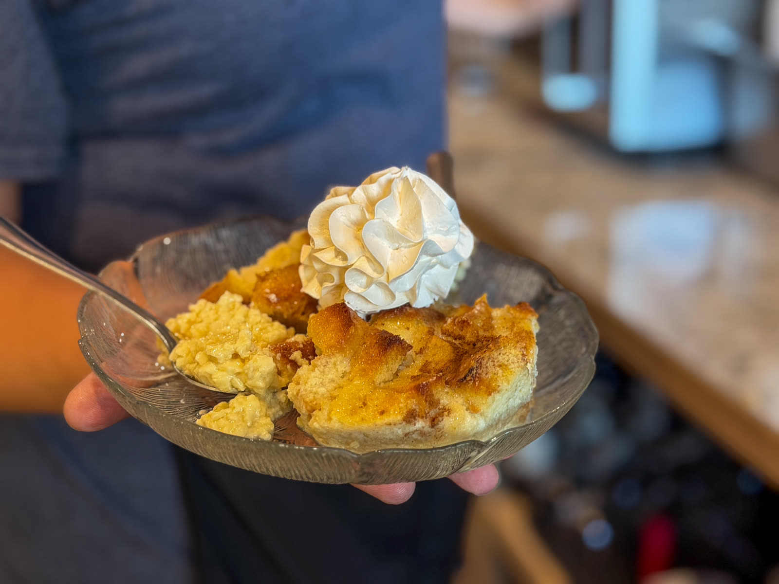 Bread pudding with whipped cream